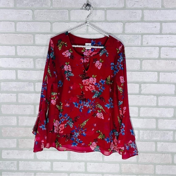 CAbi Style 3590 Devoted Red Floral Print Bell Sleeve Blouse Size M - Picture 4 of 10